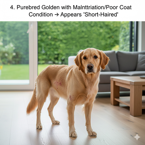 Chó Golden thuần suy dinh dưỡng lông thưa xơ trông giống chó Golden lông ngắn đứng trong phòng khách