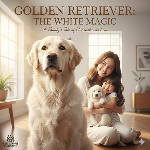 cho Golden mau trang kem bach kim ngoi truoc, phia sau la me va be dang om nhau trong khong gian nha am ap