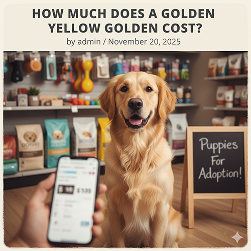 Chó Golden Retriever vàng ngồi trong cửa hàng thú cưng, phía trước là điện thoại hiển thị giá và bảng “Puppies for adoption”