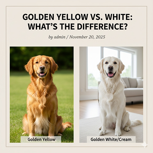 Hai chú chó Golden Retriever: một bé màu vàng và một bé màu trắng/kem được đặt cạnh nhau để so sánh ngoại hình