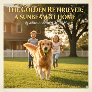 Chó Golden vàng chạy trong sân vườn cùng hai bé nhỏ, thể hiện đúng vẻ điển hình của màu vàng – vàng bò ở Golden Retriever