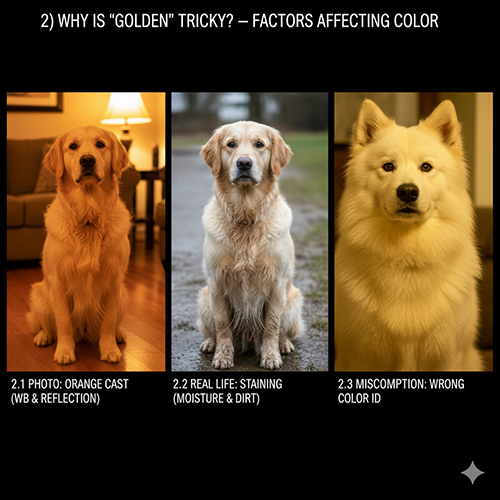 Ảnh minh họa vì sao màu lông chó Golden dễ bị lệch: ám cam do WB/đèn vàng, xỉn màu do ẩm bẩn, và nhầm nhận diện màu