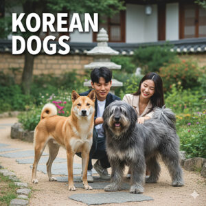 Cặp đôi trẻ người Hàn dắt hai chú chó đặc trưng xứ Hàn trong khu vườn truyền thống, biểu trưng cho các giống chó Hàn Quốc phổ biến