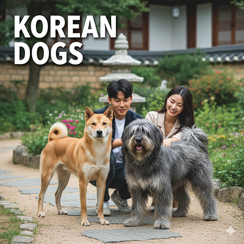 Cặp đôi trẻ người Hàn dắt hai chú chó đặc trưng xứ Hàn trong khu vườn truyền thống, biểu trưng cho các giống chó Hàn Quốc phổ biến