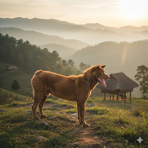 Chó H’Mông Cộc đuôi cộc bẩm sinh đứng trên triền núi vùng cao trong ánh hoàng hôn, phía sau là nhà sàn và ruộng bậc thang