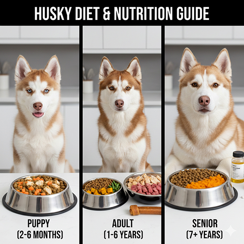 Hình ảnh khẩu phần ăn cho chó Husky theo từng giai đoạn: chó con, trưởng thành và lớn tuổi.