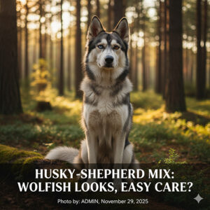 Chó Husky lai Becgie với ngoại hình giống sói, đứng giữa rừng thông