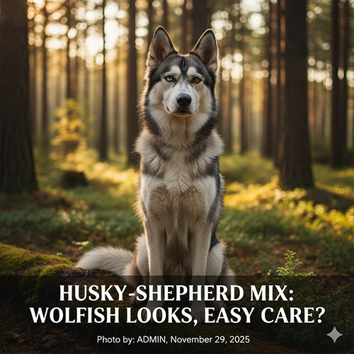 Chó Husky lai Becgie với ngoại hình giống sói, đứng giữa rừng thông