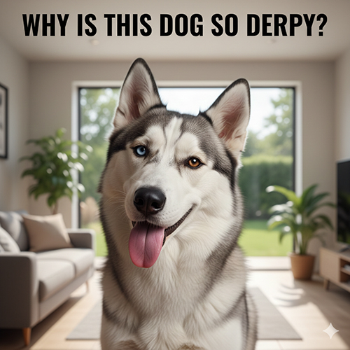 Chó Husky ngáo với khuôn mặt ngơ ngác, lưỡi thè và ánh mắt hài hước đặc trưng