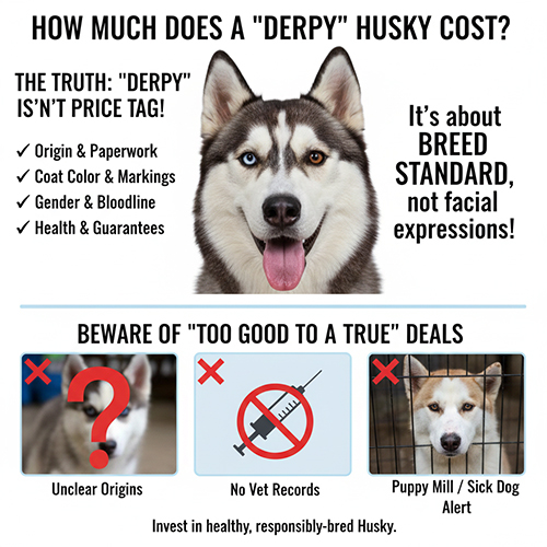 Chó Husky ngáo với biểu cảm hài hước kèm thông tin giải thích giá bán Husky trên thị trường