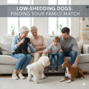 Chó ít rụng lông cho gia đình: cả nhà ngồi trên sofa chơi cùng 3 chú chó cưng trong phòng khách