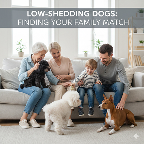 Chó ít rụng lông cho gia đình: cả nhà ngồi trên sofa chơi cùng 3 chú chó cưng trong phòng khách