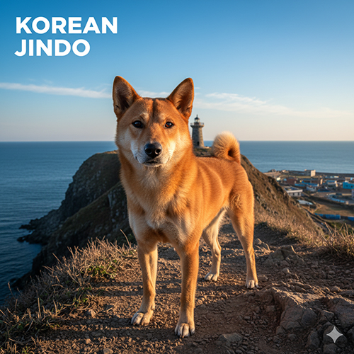 Chó Jindo Hàn Quốc đứng trên vách núi nhìn ra biển với ngọn hải đăng phía xa, thể hiện vẻ trung thành và mạnh mẽ của giống chó truyền thống Hàn Quốc