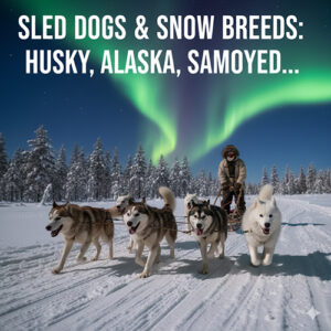 Chó kéo tuyết Husky Alaska Samoyed đang chạy trên tuyết giữa khung cảnh Bắc Cực