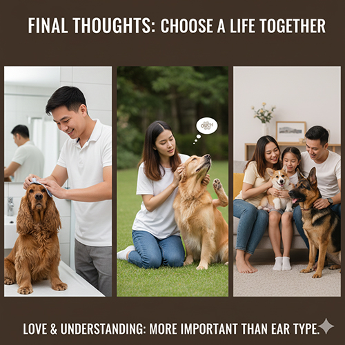 Hình ảnh ba khoảnh khắc chăm sóc và gắn kết giữa người và chó, nhấn mạnh ý nghĩa của việc sống cùng nhau hơn là kiểu tai