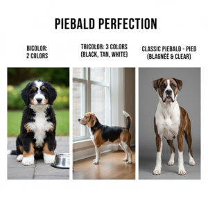Infographic chó khoang: nhận diện bicolor/piebald và phân biệt tricolor, vện, merle