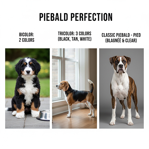 Infographic chó khoang: nhận diện bicolor/piebald và phân biệt tricolor, vện, merle