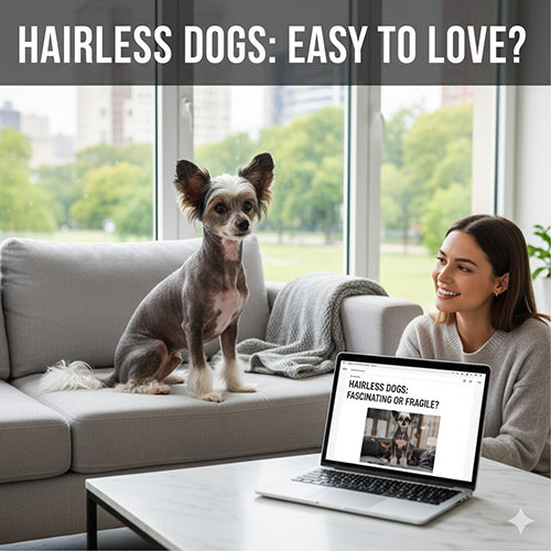 Chó không lông mào Trung Quốc ngồi trên sofa cạnh laptop, ảnh đại diện bài viết