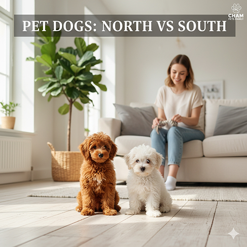 Hai chú chó nhỏ màu nâu và trắng trong phòng khách sáng, biểu tượng cho cách gọi chó cảnh ở Bắc và chó kiểng ở Nam