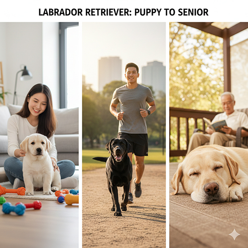 Ảnh chó Labrador từ giai đoạn con đến trưởng thành và tuổi già