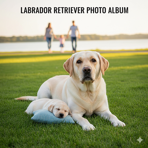 Hình ảnh chó Labrador Retriever nằm thư giãn ngoài trời cùng chó con