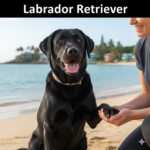 Chó Labrador Retriever – chú chó lông đen vui vẻ bắt tay chủ trên bãi biển, biểu cảm thân thiện và hạnh phúc.