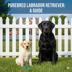 Ảnh hai chú chó Labrador thuần chủng, một bé màu vàng và một bé màu đen ngồi trên bãi cỏ trước hàng rào trắng.