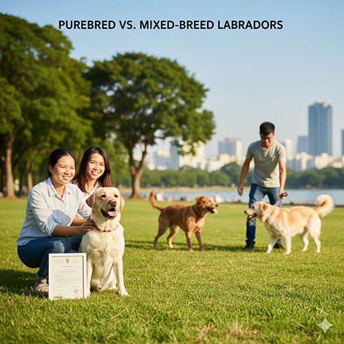 Ảnh chó Labrador thuần chủng và các bé Labrador lai chơi đùa ngoài công viên