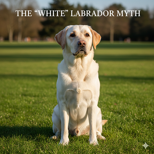 Chó Labrador màu kem rất nhạt gần trắng ngồi trên bãi cỏ xanh