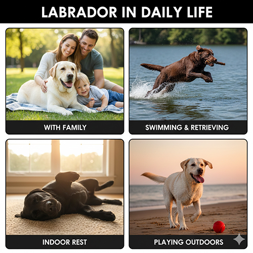 Hình ảnh chó Labrador trong sinh hoạt gia đình vui chơi nghỉ ngơi và bơi lội