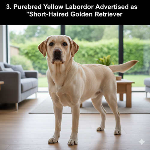 Chó Labrador vàng thuần đứng trong phòng khách, lông ngắn sát người, thường bị rao bán dưới tên chó Golden lông ngắn