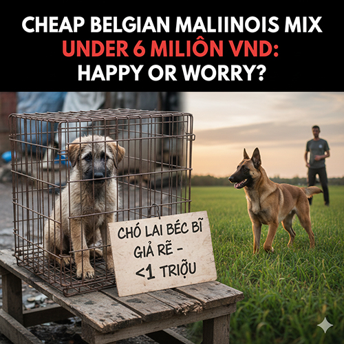 Chó lai Béc Bỉ giá rẻ dưới 1 triệu trong lồng và một chú Malinois đứng ngoài đồng – cảnh báo rủi ro khi mua chó giá rẻ