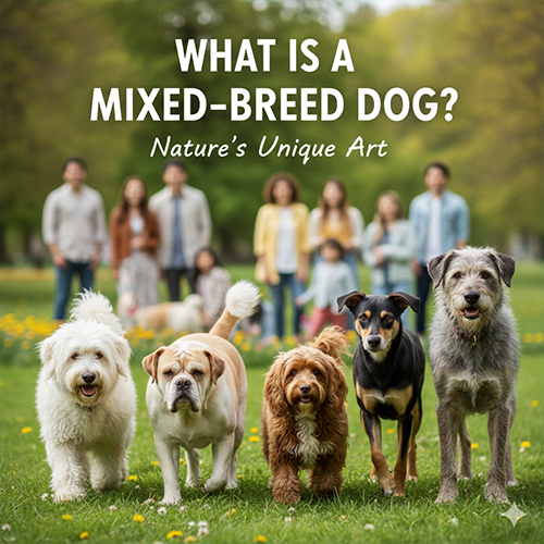 Nhiều chú chó lai với ngoại hình khác nhau đứng trên bãi cỏ, phía sau là gia đình chủ nuôi, minh họa khái niệm chó lai