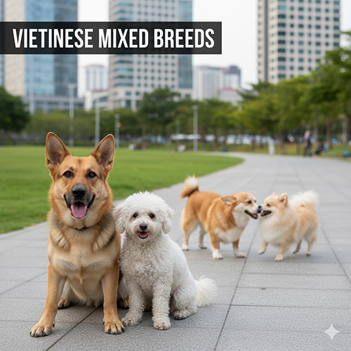 Nhóm chó lai Việt Nam với nhiều kiểu lông và kích thước khác nhau đang dạo chơi trong công viên giữa đô thị hiện đại