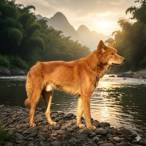 Chó Lài Sông Mã (Dingo Đông Dương) đứng bên bờ suối vùng núi, dáng thanh thoát và cảnh giác – biểu tượng của sự nhanh nhẹn và bền bỉ Việt Nam 🇻🇳🐕
