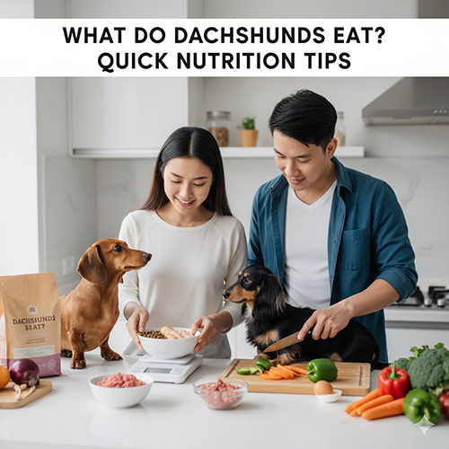 Cặp đôi chuẩn bị bữa ăn cho hai chú chó Lạp Xưởng trong bếp, minh họa chế độ dinh dưỡng phù hợp