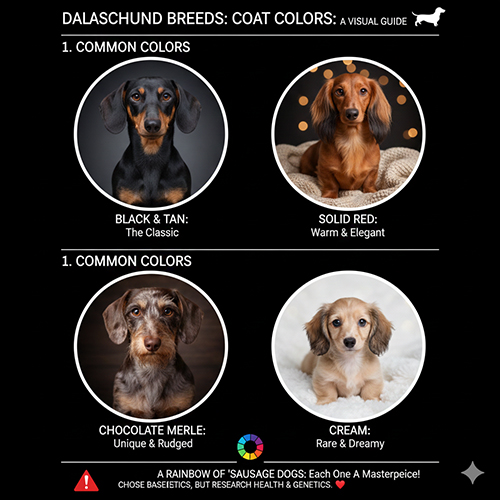 Các màu lông phổ biến và đặc biệt của chó Lạp xưởng: đen-nâu, nâu đỏ, socola merle, kem