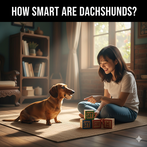 Cô gái đang dạy chú chó Lạp Xưởng trong phòng sáng, minh họa mức độ thông minh của Dachshund