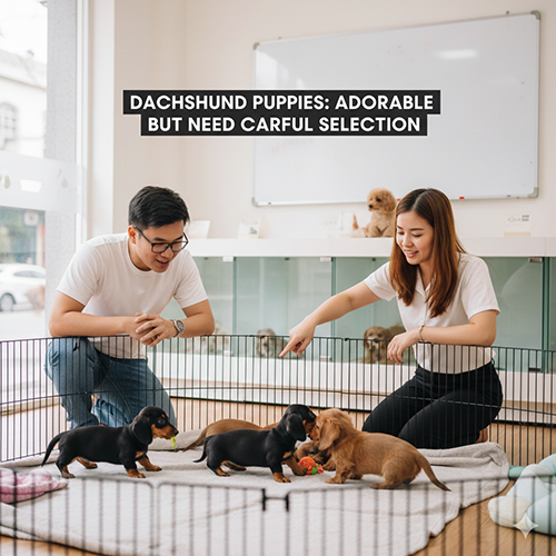 Cặp đôi đang chơi với đàn chó Lạp Xưởng con trong khu vực bán thú cưng, minh họa cách chọn chó con