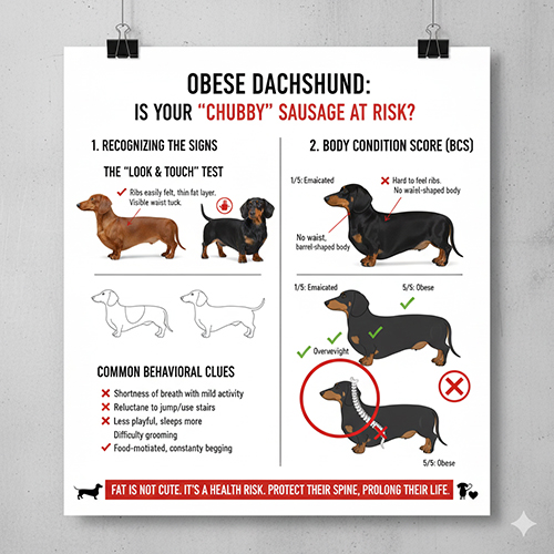 Infographic hướng dẫn cách nhận biết chó Lạp xưởng mập và béo phì bằng nhìn – sờ – thang điểm BCS