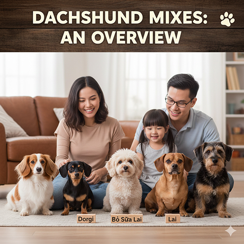 Gia đình bên dàn chó Dachshund lai nhiều dòng như Dorgi và Bò Sữa Lai, minh họa khái niệm chó Lạp xưởng lai