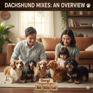 Gia đình bên nhiều bé chó Lạp xưởng và các dòng lai như Dorgi, Bò Sữa Lai, minh họa bài tổng quan chó Dachshund lai