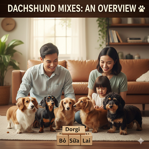 Gia đình bên nhiều bé chó Lạp xưởng và các dòng lai như Dorgi, Bò Sữa Lai, minh họa bài tổng quan chó Dachshund lai