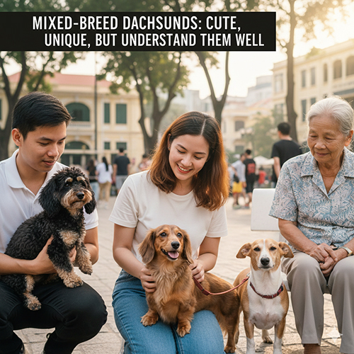 Người nuôi đang chơi với các bé chó Lạp Xưởng lai nhiều giống khác nhau ngoài công viên