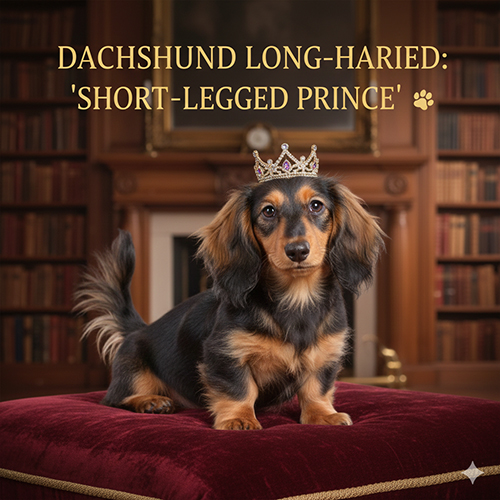 Chó Lạp xưởng lông dài đội vương miện tạo dáng sang trọng trên đệm nhung