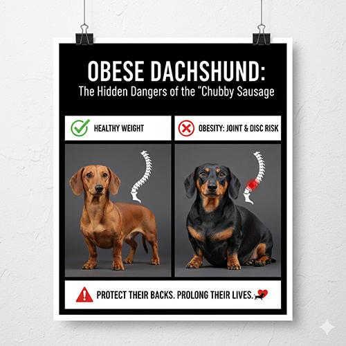 Poster so sánh chó Lạp xưởng cân đối và chó xúc xích mập với cảnh báo béo phì nguy hiểm cho cột sống
