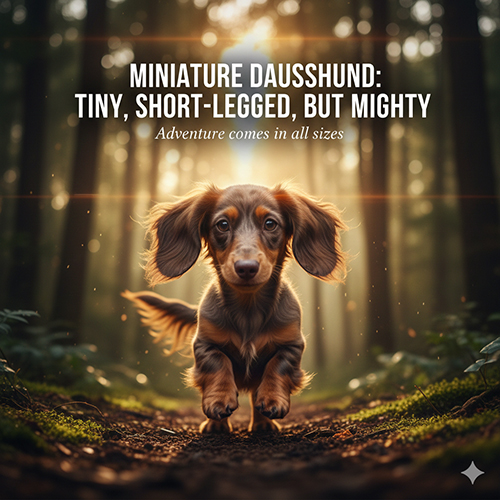 Chó Lạp xưởng mini chân ngắn đang chạy giữa rừng, thân hình nhỏ nhưng ánh mắt gan dạ và tràn đầy năng lượng