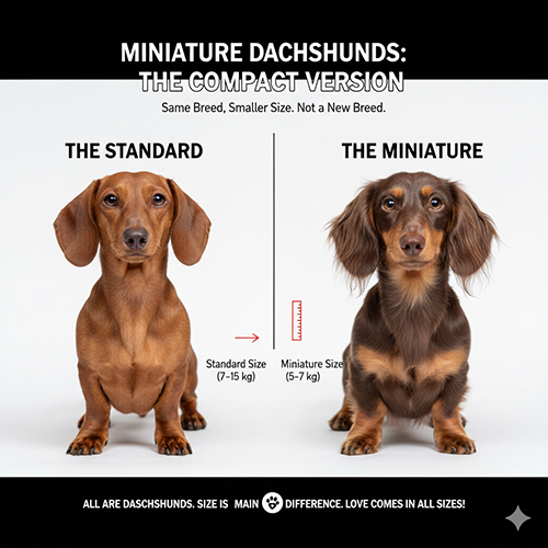 Infographic so sánh chó Lạp xưởng tiêu chuẩn và chó Lạp xưởng mini, cùng giống Dachshund nhưng khác về khung xương và cân nặng