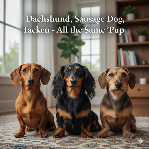 Ba chú chó Lạp Xưởng ngồi cạnh nhau minh họa các tên gọi Dachshund, chó xúc xích và tacken