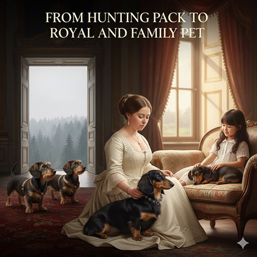 Hình chó Lạp Xưởng bên cạnh phụ nữ quý tộc và trẻ nhỏ minh họa quá trình trở thành thú cưng hoàng gia